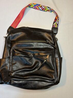 Source Unknown Black Vegan Leather Backpack with Multicolor Geometric Strap